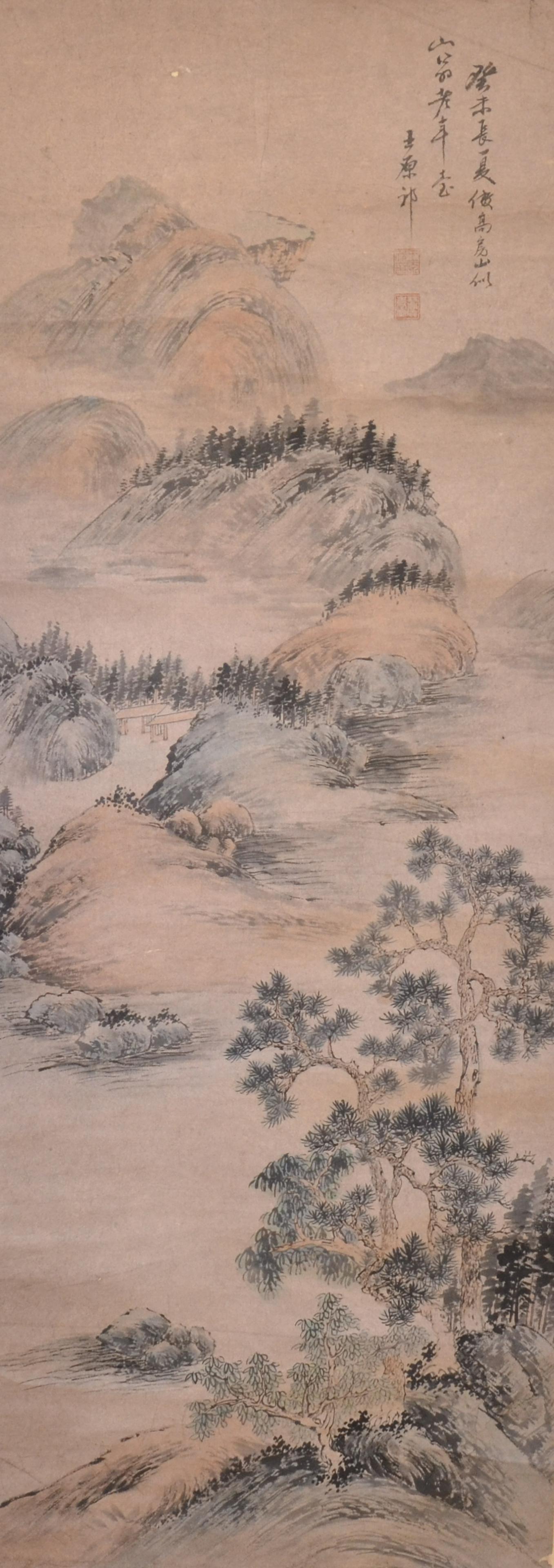 YUANQI WANG (1642- ) LANDSCAPE, INK AND COLOR ON PAPER: Wang Yuanqi was born in 1642 in the 15th year of Chongzhen in the Ming Dynasty and died in 1715 in the 54th year of Kangxi in the Qing Dynasty. 130x48 cm 王原祁画