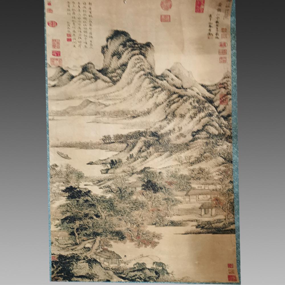 WANG MENG (1308-1385), LANDSCAPE: Hanging scroll, ink and color on paper,inscribed and signed by the artist 103x57cm 元 王蒙款 秋山草堂图 设色纸本立&#