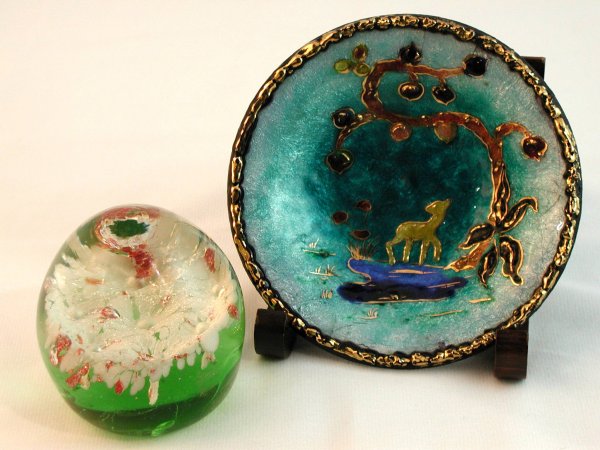 LIMOGES ENAMELED AND GLASS PAPERWEIGHT SIGNED