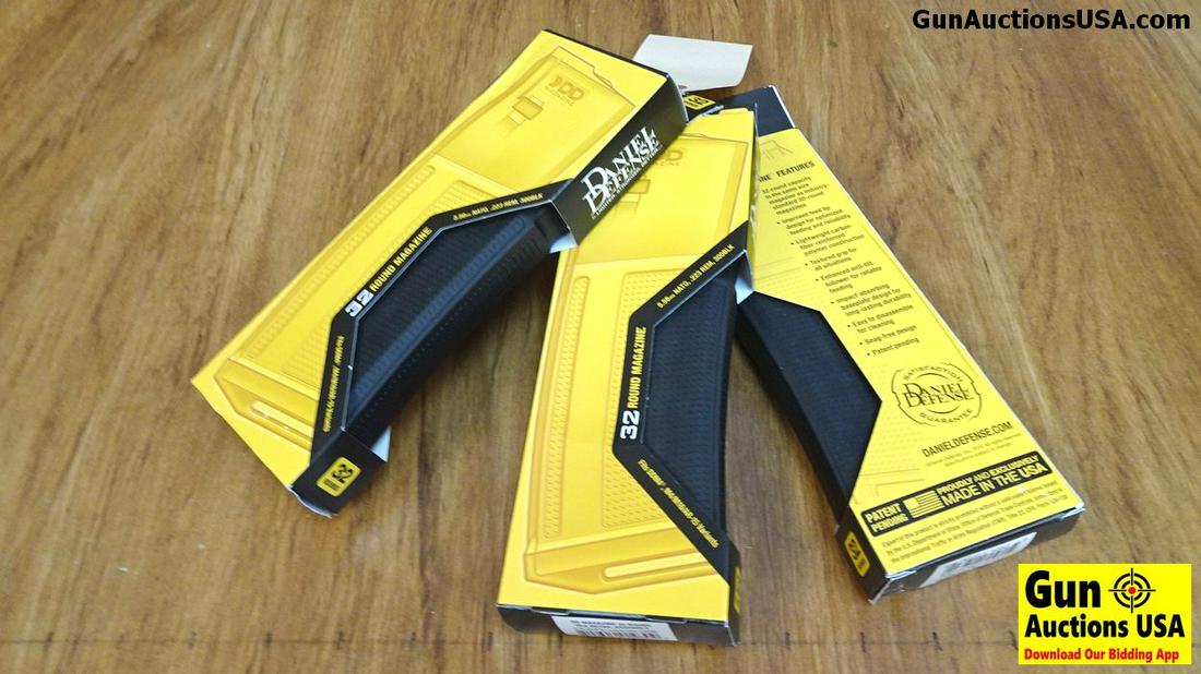 Daniel Defense .556 Magazines. NEW in Box. Three 32: Daniel Defense .556 Magazines. NEW in Box. Three 32 Round Polymer Magazines for M4, M16 and AR15 Variants. Textured Grip for All Situations, Enhanced Anti Tilt Follower for Reliable Feeding. . (38236)