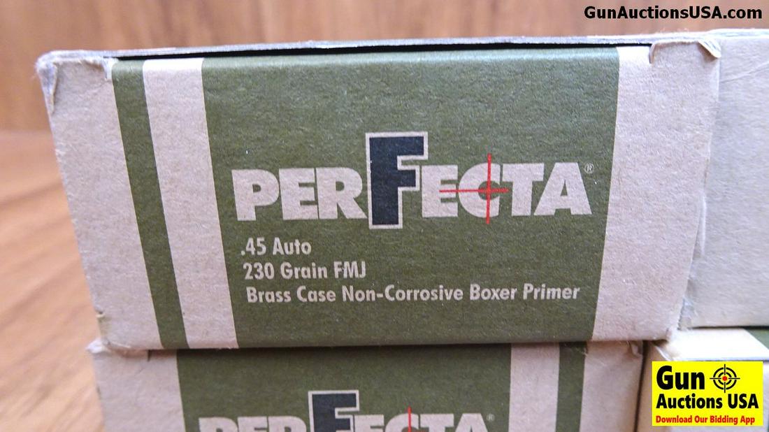 Perfecta .45 AUTO Ammo. 200 Rounds of 230 GRAIN FMJ.: Perfecta .45 AUTO Ammo. 200 Rounds of 230 GRAIN FMJ. Brass Case Non Corrosive Boxer Primer. . (38665)