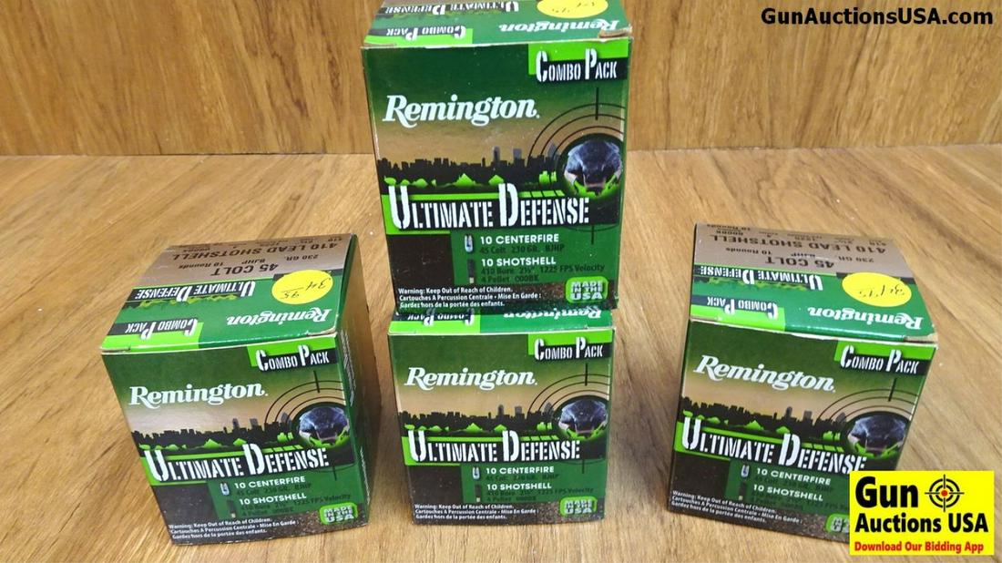 Remington Ultimate Defense Combo Packs, 45 COLT / .410: Remington Ultimate Defense Combo Packs, 45 COLT / .410 Shotshell Ammo. 80 Total Rounds; 40 Rounds of 410 Lead Shotshell, 40 Rounds of 45 COLT 230 Gr, BJHP. (38512)