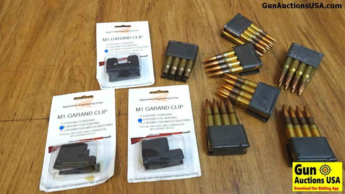 AEC Clips, Etc. . 3 M1 Garand Clips, 2 Five Round and: AEC Clips, Etc. . 3 M1 Garand Clips, 2 Five Round and One 2 Round all In New Packaging Also we have 6 Enblocs of Garand with 8 FMJ Each, 48 Rounds. . (39849)