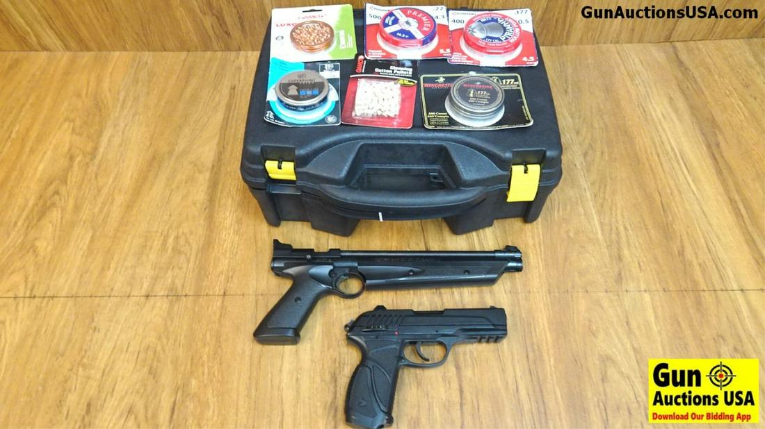 American Classic, Gamo PL322, Pt85 Blowback .22, .177: American Classic, Gamo PL322, Pt85 Blowback .22, .177 Pump Air Pistols. Very Good. 10",4" Barrel. 2 Black Numatic Air Pistols. No FFL Required. 850 Rounds of 22 Caliber Pellets, 100 Cleaning Pellets 2