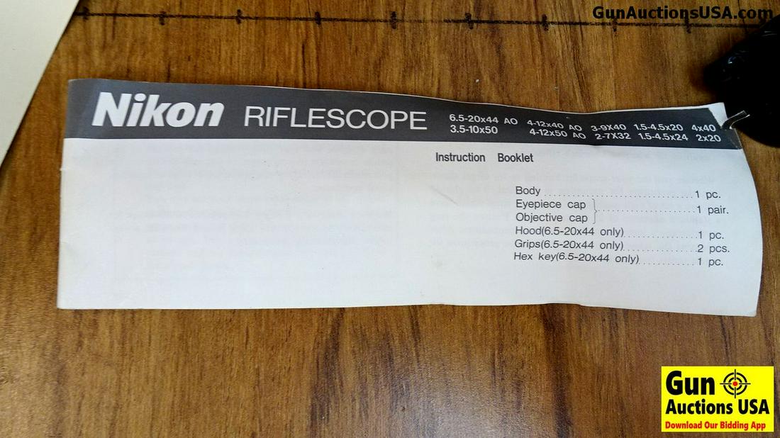 Nikon Scope. Excellent Condition. 6.5-20x44 Scope with: Nikon Scope. Excellent Condition. 6.5-20x44 Scope with a Adjustable Objective. Tall, Target Turrets and Sun Shade. Retains Original Manual and Scope Covers. . (40442)