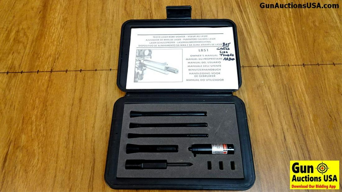Tasco LBS1 Laser Bore Sighter. Very Good. Laser with 4: Tasco LBS1 Laser Bore Sighter. Very Good. Laser with 4 Arbors, #1 is 35 to 45 Cal, # 2 is 27 to 35 Cal, #3 22 to 27 Cal and the #4 45 to 55 Caliber, Includes Instruction Manual and Box. . (38848)