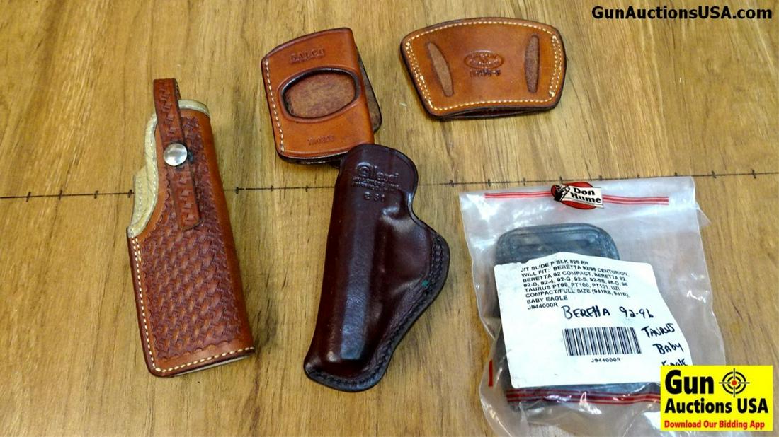 Don Hume, El Paso Saddlery, Alessi, Galco, Dillon: Don Hume, El Paso Saddlery, Alessi, Galco, Dillon Leather Holsters. Very Good. 5 In total ; #1 is a Elpaso Saddlery in Brown Basket Weave Leather, Hand Tooled, Lined with Retaining Strap, Fits Command