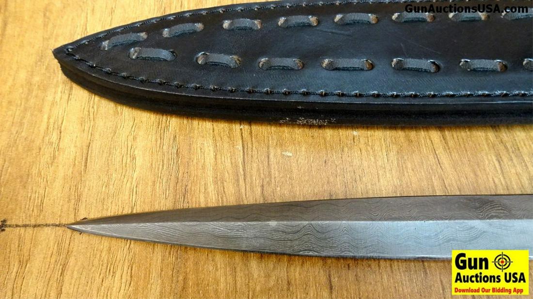 Damascus Dagger. Excellent Condition. Damascus Dagger,: Damascus Dagger. Excellent Condition. Damascus Dagger, Stag Handle, 7.5" Blade with Black Belt Sheath. . (40660)