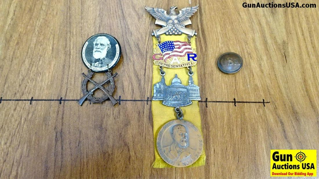 Civil War Collector's Militaria. Very Good. Lot of 3: Civil War Collector's Militaria. Very Good. Lot of 3 Veterans War To Include A.G. R. Representative Medal for Boston 1917. Also Included is a Celluloid Button of Robert. E. Lee with a Marksmen Badge A