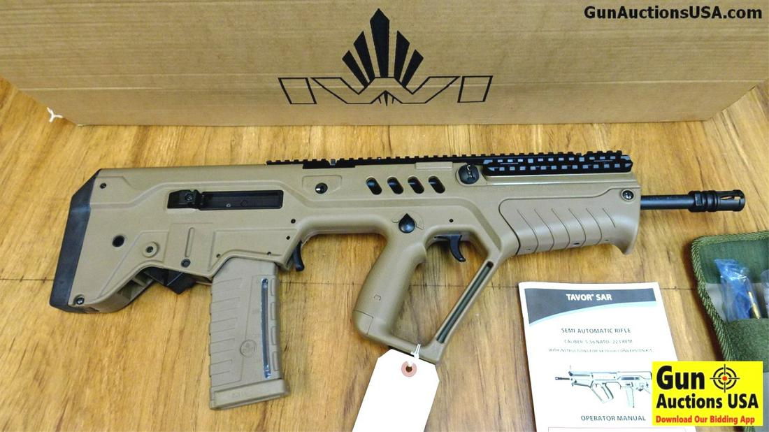 IWI US TAVOR SAR 5.56 NATO BULL PUP Rifle. Like New.: IWI US TAVOR SAR 5.56 NATO BULL PUP Rifle. Like New. 16.5" Barrel. This Bull Pup Style Weapon is in Flat Dark Earth, Unique Magazine Behind Grip Design, Barrel Marked 5.56 NATO with a 1:7 Twist and Ma