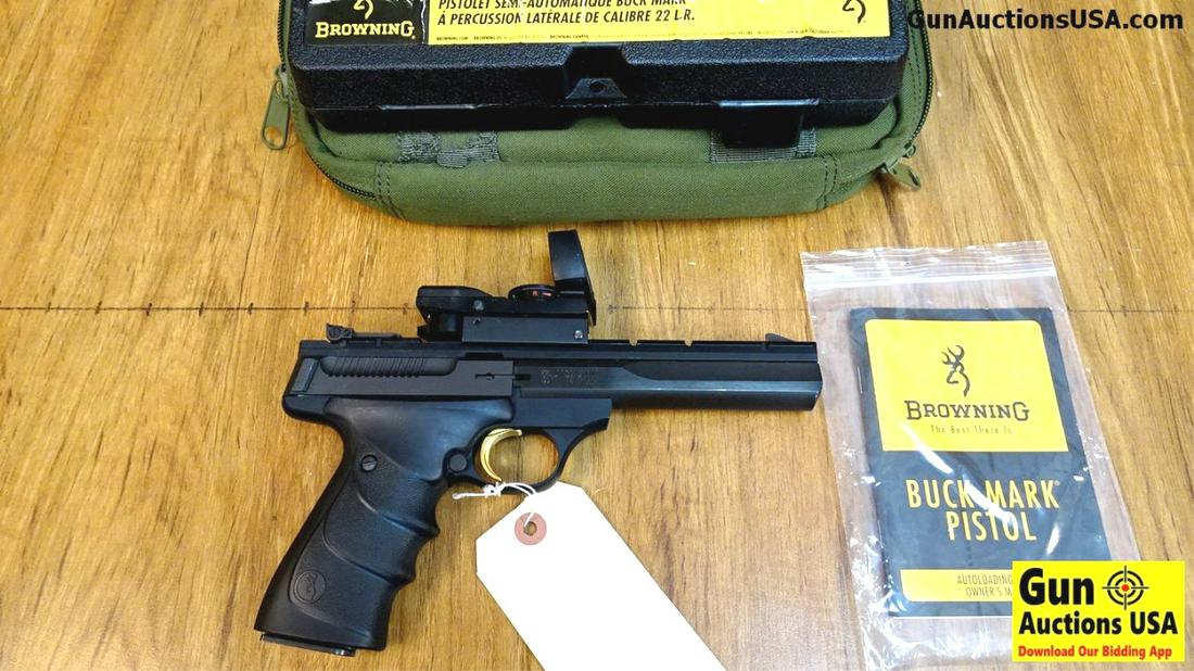 Browning BUCK MARK .22 LR Pistol. Very Good. 5.5": Browning BUCK MARK .22 LR Pistol. Very Good. 5.5" Barrel. Shiny Bore, Tight Action Beautiful Black Blue with Polished Flats and Matt Rounds, Red, Green Reflex Sight on Top of Receiver with Multiple Re