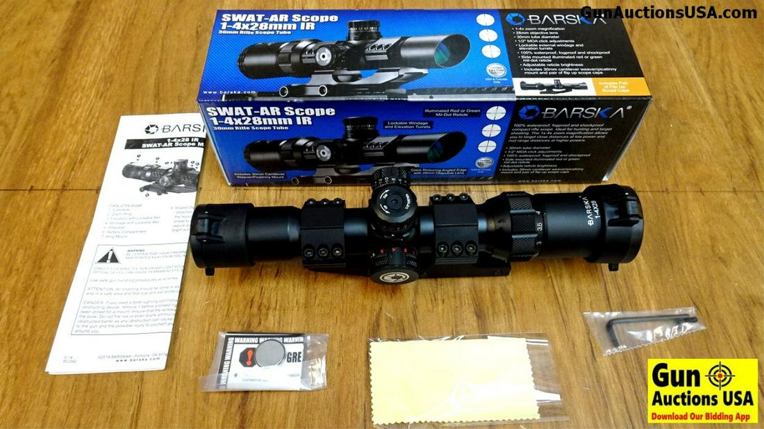 Barska AC11872 Scope. Like New. Swat AR Scope 1-4x28 MM: Barska AC11872 Scope. Like New. Swat AR Scope 1-4x28 MM IR Mildot, Compact Scope. Includes 30 MM Cantilever, Weaver/ Picatinny Mount and Flip Up Scope Caps, Like New in the Box. . (42900)