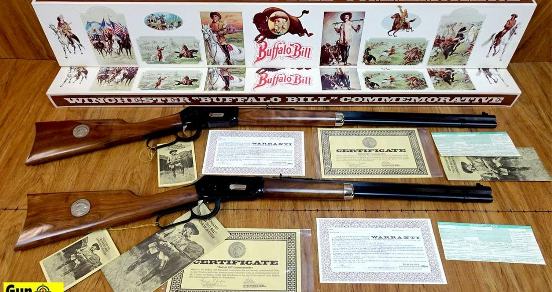 Winchester 94 BUFFALO BILL COMMEMORATIVE .30-30 Rifle: Winchester 94 BUFFALO BILL COMMEMORATIVE .30-30 Rifle SET. NEW in Box. 26" Barrel. Full 26 Inch Octagonal Barrel, Semi Buckhorn Sights with Silver Bead Front. The Trigger, Saddle Ring, Hammer, Butt Pl
