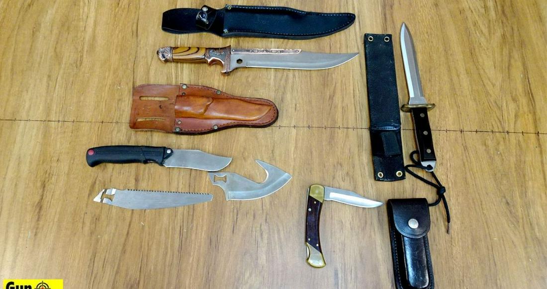 Kershaw, China, United, Schrade Knives. Very Good. Lot: Kershaw, China, United, Schrade Knives. Very Good. Lot of 4, #1 is a LB7 Folding Hunter with Leather Sheath, #2 is a UC490 Dagger, Wood Handle with Brass Blade Guard and Black Nylon Sheath. #3 is a Ke