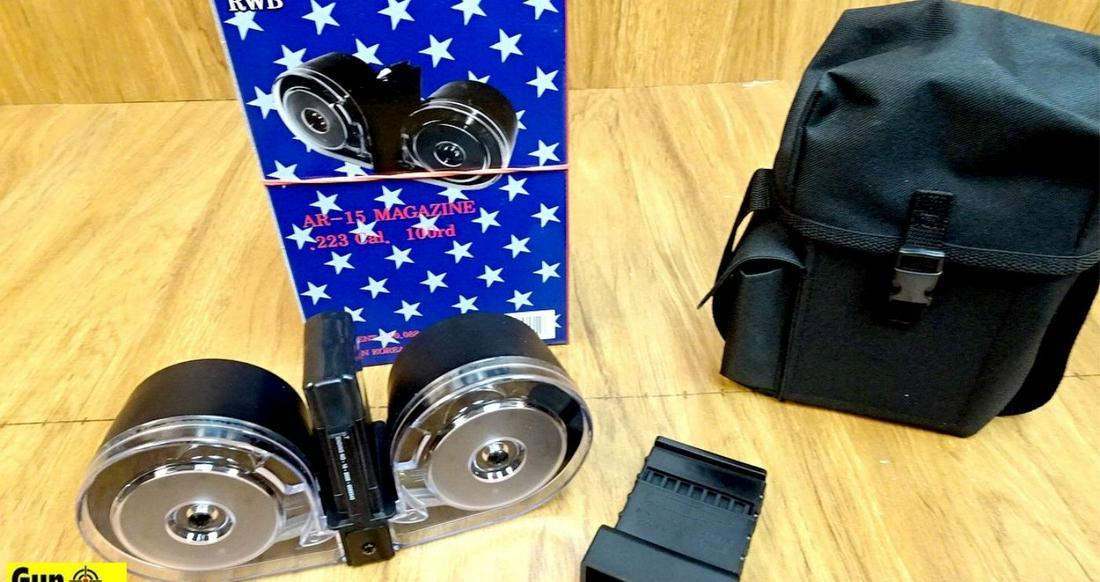 RWB .223 Magazine. NEW in Box. One, Black 100 Round: RWB .223 Magazine. NEW in Box. One, Black 100 Round Drum for a AR15. Includes Carry Case and Speed Loader all New in the Box. . (46458)