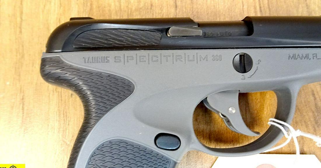 Taurus SPECTRUM .380 ACP Pistol. NEW in Box. 2.8": Taurus SPECTRUM .380 ACP Pistol. NEW in Box. 2.8" Barrel. Futuristic Looking and Slim lined! Black Steel Slide with External Extractor, Fixed Sights, Two Tone Gray/Black Lower, Includes one 6 Round Ma