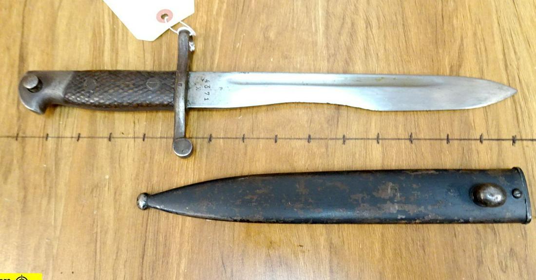 TOLEDO Bayonet. Fair Condition. Checkered Wood Scales,: TOLEDO Bayonet. Fair Condition. Checkered Wood Scales, Right Side Cracked, Blade has Been Heavily Sharpened. Includes Original Metal Scabbard. . (47746)
