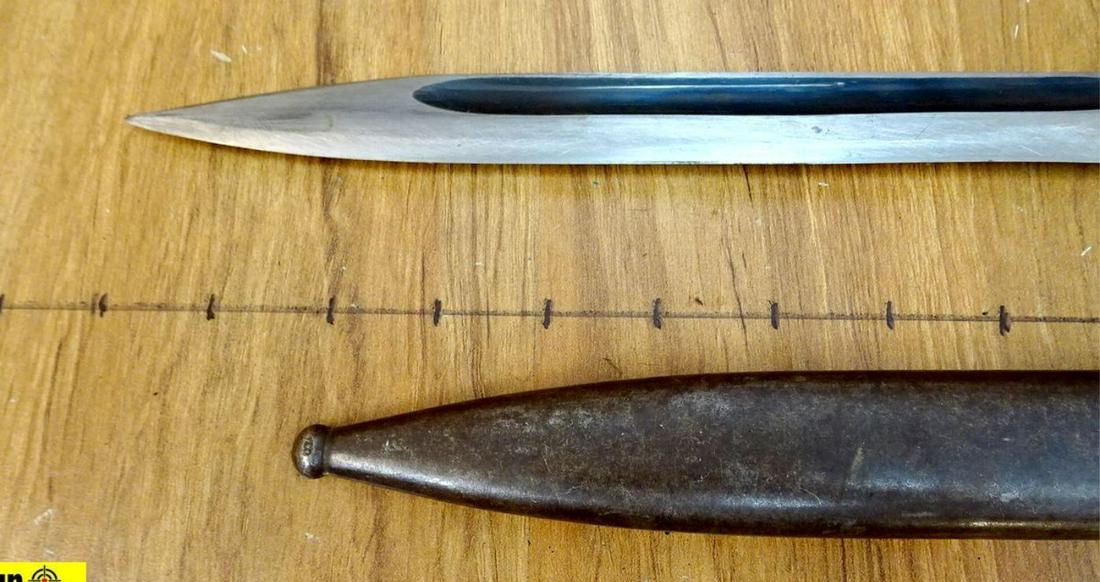 COPPEL Bayonet. Good Condition. Heavily Sharpened: COPPEL Bayonet. Good Condition. Heavily Sharpened German Bayonet with Blood Groove, Nice Handle Scales, Includes a Steel Scabbard. . (46951)
