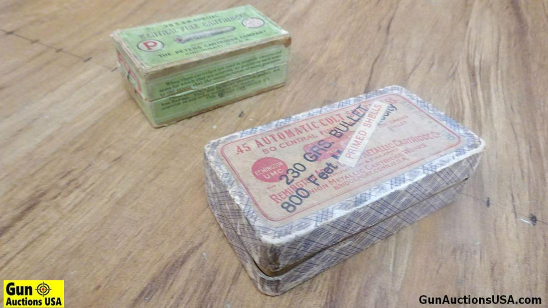 Peters, Remington VINTAGE . Lot of 2 ; # 1 Peters 38: Peters, Remington VINTAGE . Lot of 2 ; # 1 Peters 38 S&W Special Empty Vintage Ammo Box # 2 is Remington Arms 45 Automatic Colt Primed Shells. Approx. 60 Vintage. . (49919)