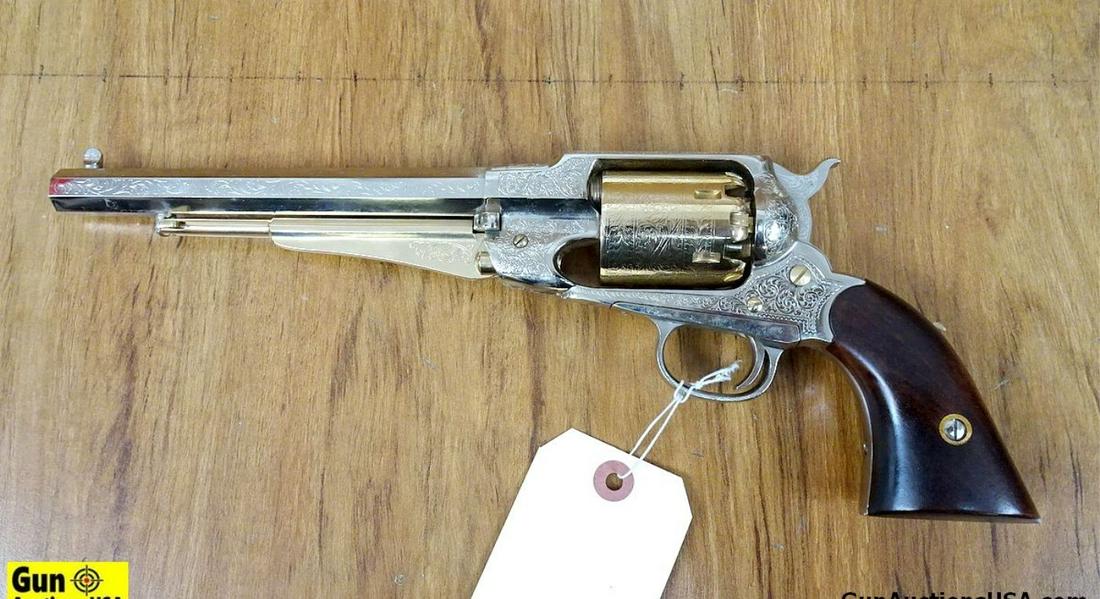 ASM .44 Revolver. Very Good. 8" Barrel. Shootable Bore,: ASM .44 Revolver. Very Good. 8" Barrel. Shootable Bore, Tight Action Gold and Silver Finish and Engraved. Copy of the Remington Black Powder Pistol. Walnut Grips, Front Blade Sight, Rear Notch Sights.