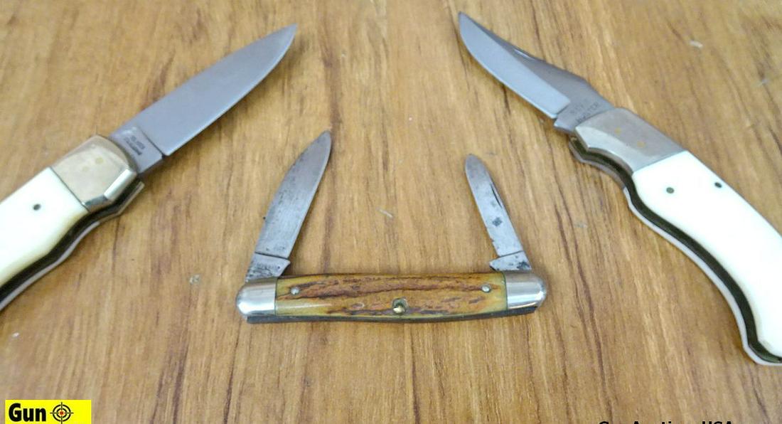 Gerber, Bear MGC, Case, Bear Hunter, Knives. Very Good.: Gerber, Bear MGC, Case, Bear Hunter, Knives. Very Good. Lot of 5; #1 is Bear MGC, Stag Handle, Full Tang, Skinner with Gut Hook, along with Leather Sheath and Box. #2 is a Gerber Folding Knife, Appear