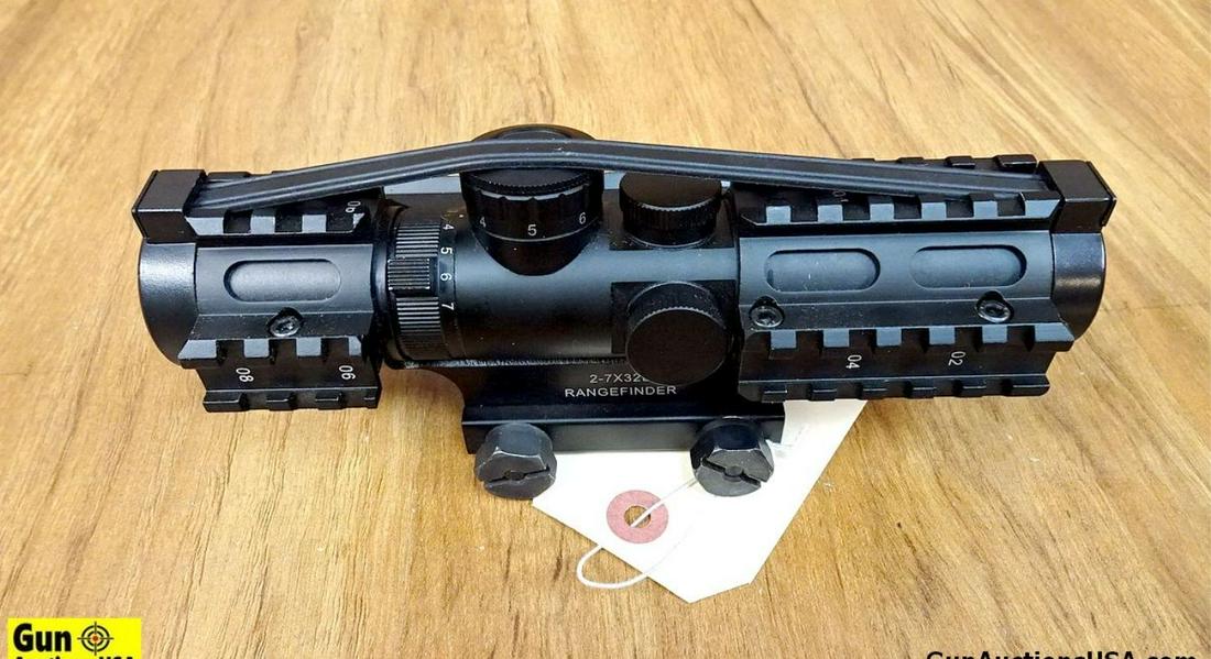Nc STAR RANGEFINDER Scope. Very Good. 2-7x32 MM Scope, Sniper Reticle, with Integral Steel Picatinny: Nc STAR RANGEFINDER Scope. Very Good. 2-7x32 MM Scope, Sniper Reticle, with Integral Steel Picatinny Mount. T- Marked Rails on all Three Sides. . (54554)