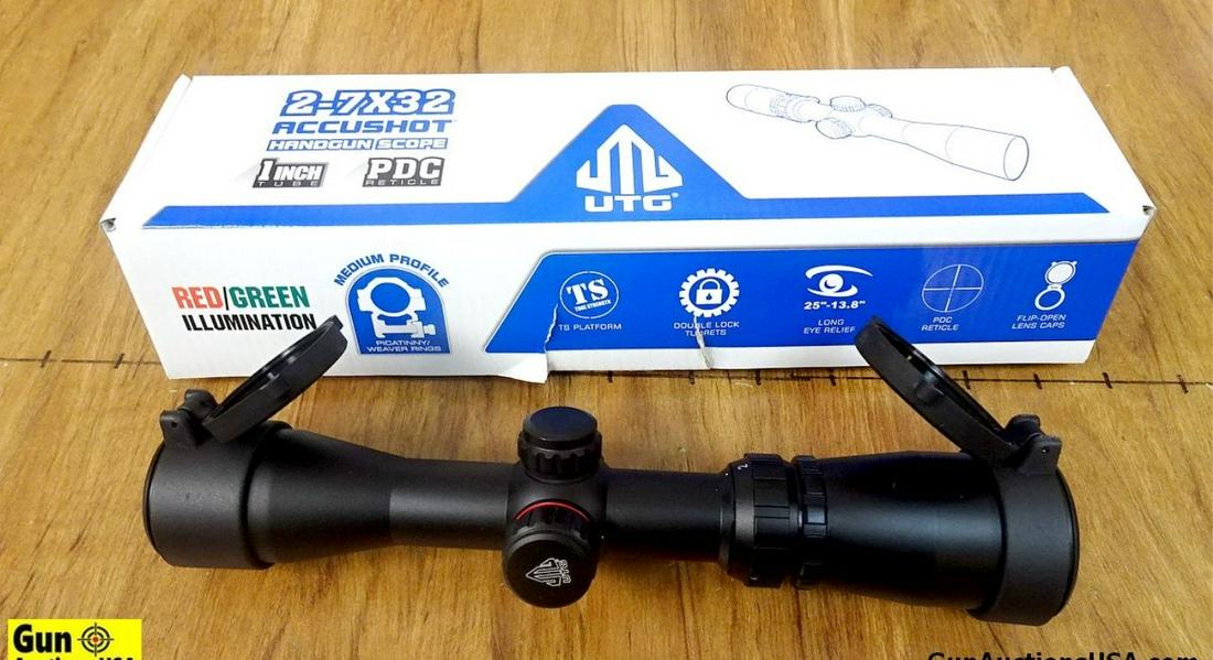 UTG ACCUSHOT/PK0254031802 Scope. NEW in Box. 2-7x32 Scope with One Inch Tube, PDC Reticle, Hand Gun: UTG ACCUSHOT/PK0254031802 Scope. NEW in Box. 2-7x32 Scope with One Inch Tube, PDC Reticle, Hand Gun Scope, Dual Red/Green Illuminated Reticle, Flip Open Lens Cap, Low Profile 0 Lockable Windage and El
