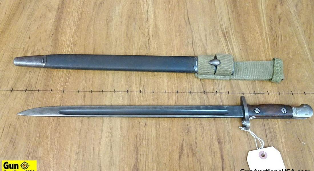 Lithgow M1907 COLLECTOR'S Bayonet. Very Good. 21.5" Overall with a 16.5" Blade, Blade is Stamped: Lithgow M1907 COLLECTOR'S Bayonet. Very Good. 21.5" Overall with a 16.5" Blade, Blade is Stamped "Lithgow" and "Star Over Shield Dated 1907". Includes Green Canvas Frog with a Leather and Metal Scabba