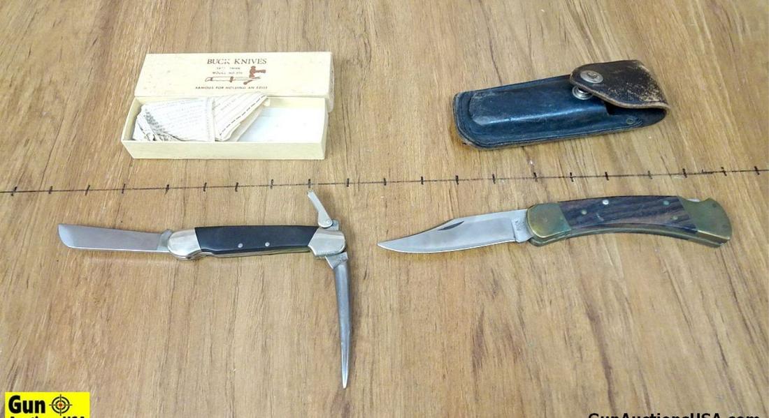 Buck 110315 Knives. Good Condition. Lot of 2; Folding Knives, #1 is Model 110, with a Leather: Buck 110315 Knives. Good Condition. Lot of 2; Folding Knives, #1 is Model 110, with a Leather Sheath. #2 is a Buck Model 315 Rigging/Sailing Knife. Includes Box and Papers. . (55484)