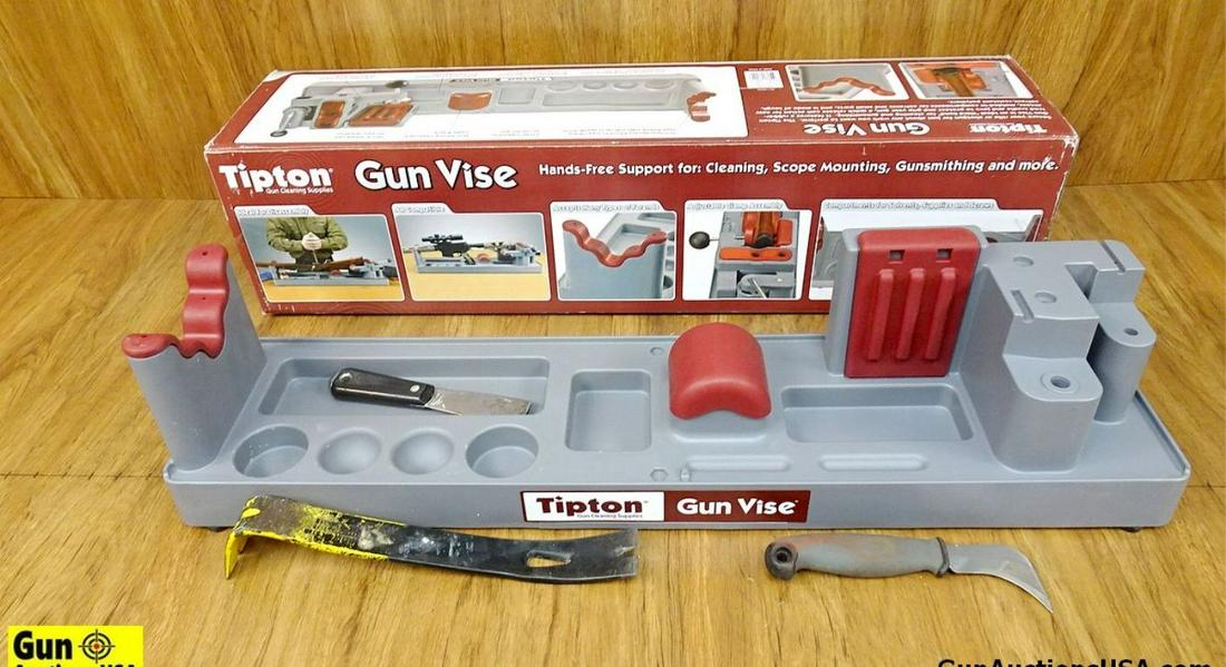 Tipton Gun Vice. Very Good. Bench Top Gun Vice, Durable Construction, One Piece Design, Non Marring: Tipton Gun Vice. Very Good. Bench Top Gun Vice, Durable Construction, One Piece Design, Non Marring Surface. Includes Crow Bar and Various Tools, with Box. Only Pieces in Photos are Included. . (57660