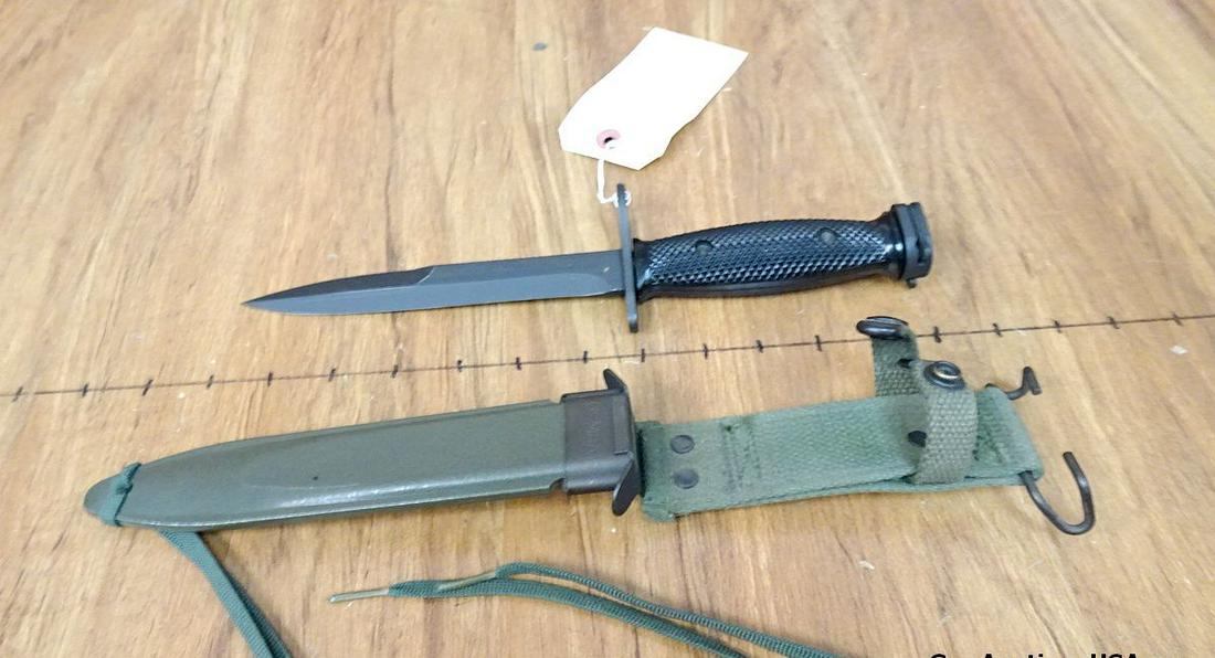 U.S. Military Surplus Bayonet. Excellent Condition. 7" Blade, 12" Overall, Stamped Sheath, 'U.S.: U.S. Military Surplus Bayonet. Excellent Condition. 7" Blade, 12" Overall, Stamped Sheath, 'U.S. M8A1". . (58067)