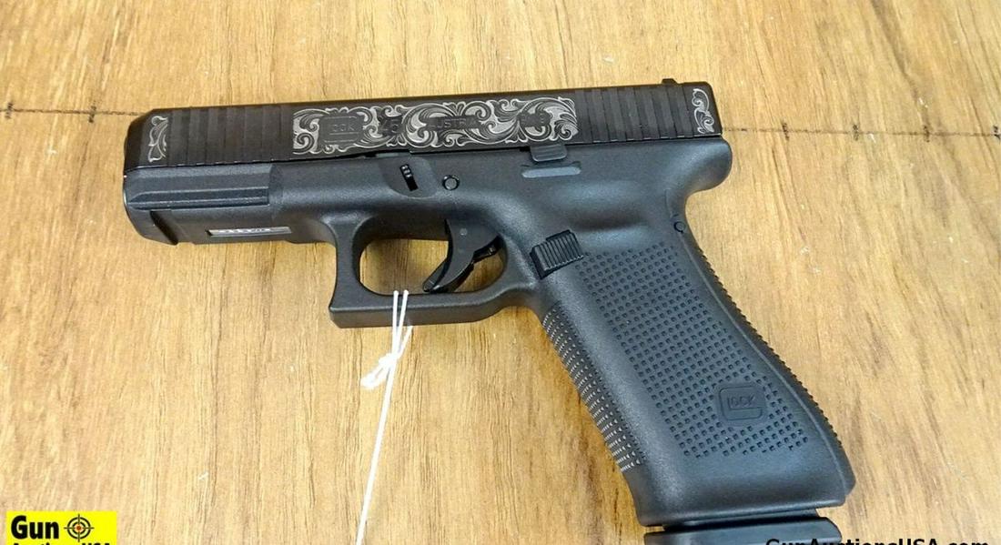 Glock 45 9X19 Semi Auto Pistol. NEW in Box. 4" Barrel. Beautifully Engraved with Floral Design. Mid: Glock 45 9X19 Semi Auto Pistol. NEW in Box. 4" Barrel. Beautifully Engraved with Floral Design. Mid Size Auto with Front and Rear Cocking Serrations. White dot Front Sight, U Notch White Rear Sight. F