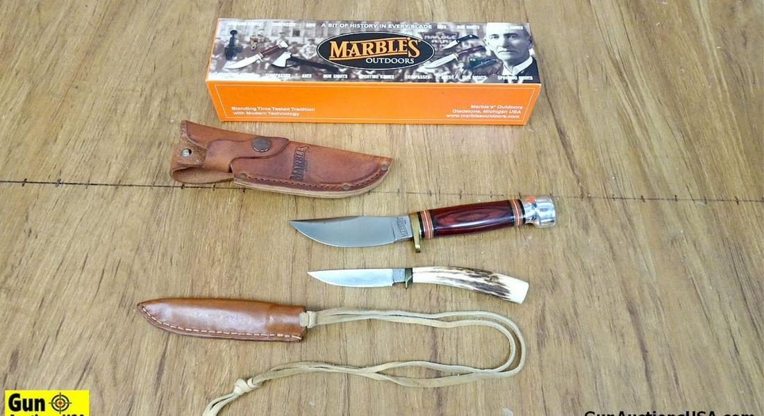 Marbles FIELDCRAFT/WINEWOOD/A1,Etc. Knives. Very Good. Lot of 2: #1 is a Skinner,: Marbles FIELDCRAFT/WINEWOOD/A1,Etc. Knives. Very Good. Lot of 2: #1 is a Skinner, 3.5" Blade and 8" Overall, Wooden Handle with a Nice Leather Sheath and Box. #2 is a Neck Knife, 3" Blade and 6.5" Ove