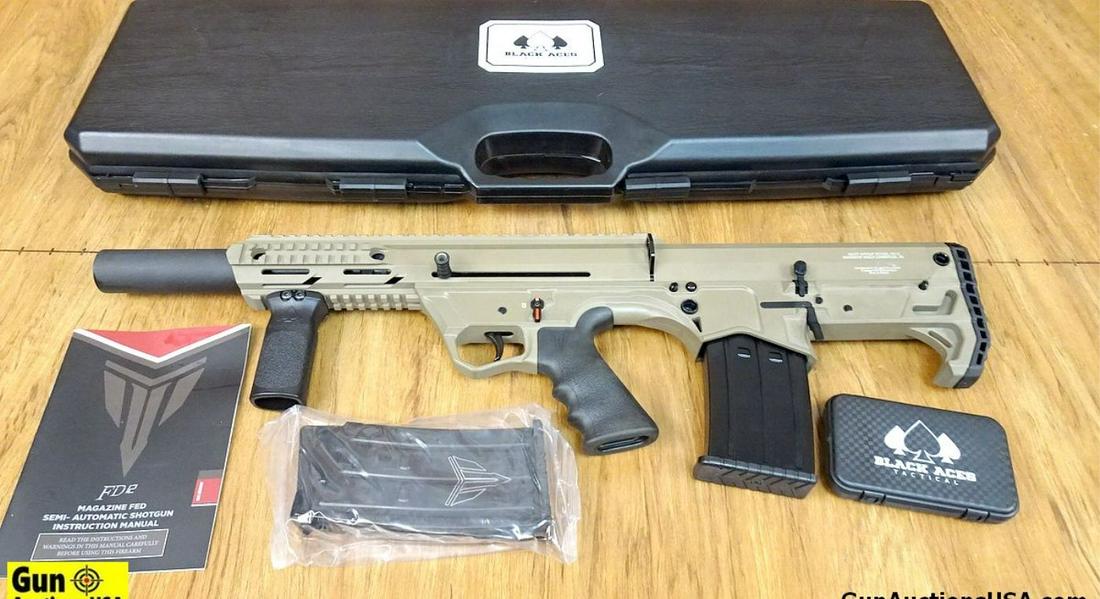 BLACK ACES FD12 12 ga. SEMI-AUTO Shotgun. NEW in Box. 18" Barrel. Fantastic 12 Ga. BULL PUP: BLACK ACES FD12 12 ga. SEMI-AUTO Shotgun. NEW in Box. 18" Barrel. Fantastic 12 Ga. BULL PUP Configuration, Flat Dark Earth, Multi Point Sling Attachment, Finger Groove Recoil Absorbing Grip, Butt Stoc