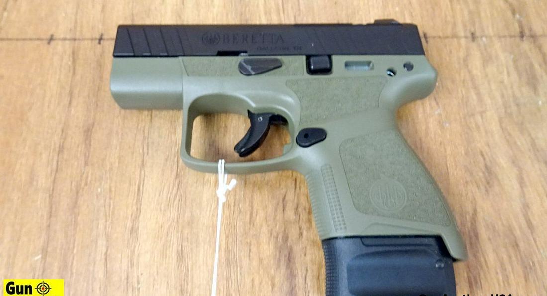 Beretta APX 9X19 Semi Auto Pistol. NEW in Box. 2.75" Barrel. Compact Auto with Front and Rear: Beretta APX 9X19 Semi Auto Pistol. NEW in Box. 2.75" Barrel. Compact Auto with Front and Rear Cocking Serrations, Two Tone Black and Green. White Dot Front Sight, Black Rear Iron Sights. Slim Design,