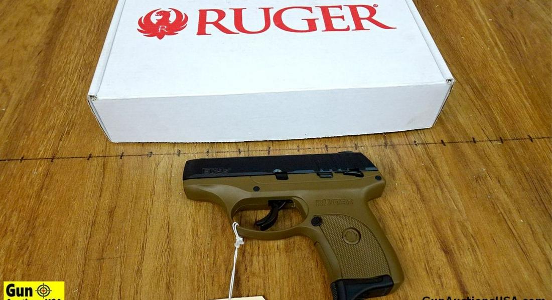 Ruger EC9S 9MM LUGER Semi Auto Pistol. NEW in Box. 3" Barrel. Two Tone Black- Flat Dark Earth Lower,: Ruger EC9S 9MM LUGER Semi Auto Pistol. NEW in Box. 3" Barrel. Two Tone Black- Flat Dark Earth Lower, Thumb Safety, Rear Cocking Serrations, Snag Free Design, Recessed Barrel, Fixed Iron Sight, Include