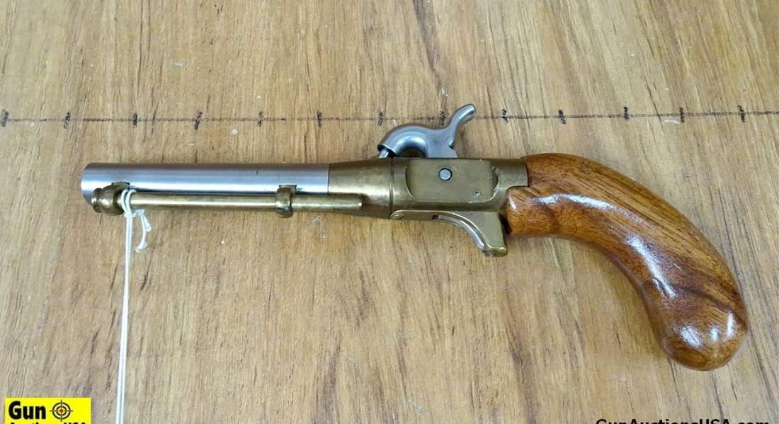 Unknown Percussion/Single Shot Pistol. Needs Repair. 4" Barrel. Shiny Bore Hard Wood Stock, Brass: Unknown Percussion/Single Shot Pistol. Needs Repair. 4" Barrel. Shiny Bore Hard Wood Stock, Brass Receiver, Brass Ramrod, Stainless Steel Barrel, Large Spur Hammer. NEEDS REPAIR. Trigger Will not Fire