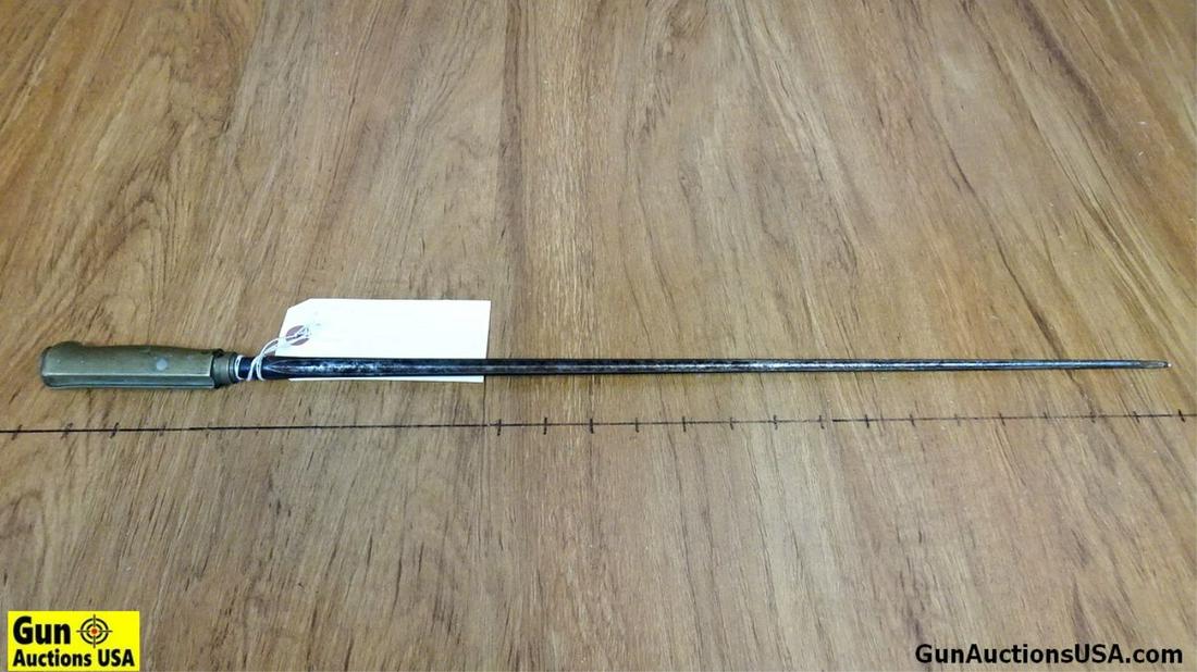 French Militaria Label COLLECTOR'S Bayonet. Good Condition. 21" Blade, 25" Overall. Spike Style: French Militaria Label COLLECTOR'S Bayonet. Good Condition. 21" Blade, 25" Overall. Spike Style Bayonet with Brass Handle. . (59433)
