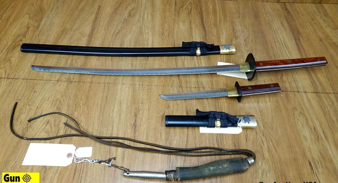 Whip, Swords. Good Condition. Lot of 3; One WWI Army Issued Cavalry Whip, and Two Oriental Swords. .: Whip, Swords. Good Condition. Lot of 3; One WWI Army Issued Cavalry Whip, and Two Oriental Swords. . (64086)