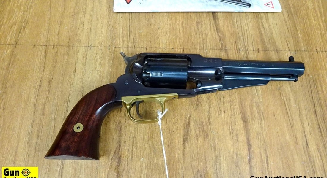 Pietta .44 Cal. Percussion Revolver. Very Good. 5.5" Barrel. Shiny Bore, Tight Action Blued: Pietta .44 Cal. Percussion Revolver. Very Good. 5.5" Barrel. Shiny Bore, Tight Action Blued Receiver, with Brass Trigger Guard, Nicely Grained Wood Grips, Smooth Cylinder, Blade Front Sight, With Fixe