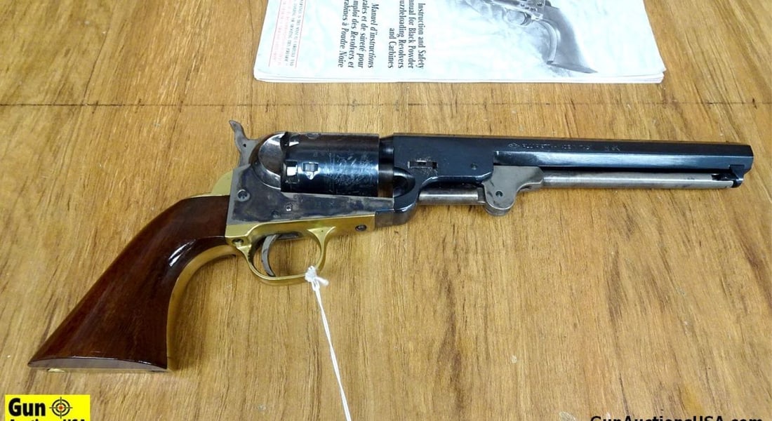 Pietta .36 Caliber Percussion Revolver. Good Condition. 7.5" Barrel. Shootable Bore, Tight Action: Pietta .36 Caliber Percussion Revolver. Good Condition. 7.5" Barrel. Shootable Bore, Tight Action Features a Case Hardened Frame, with Brass Accents. Engraved Naval Scene on Cylinder, Hexagonal Barrel