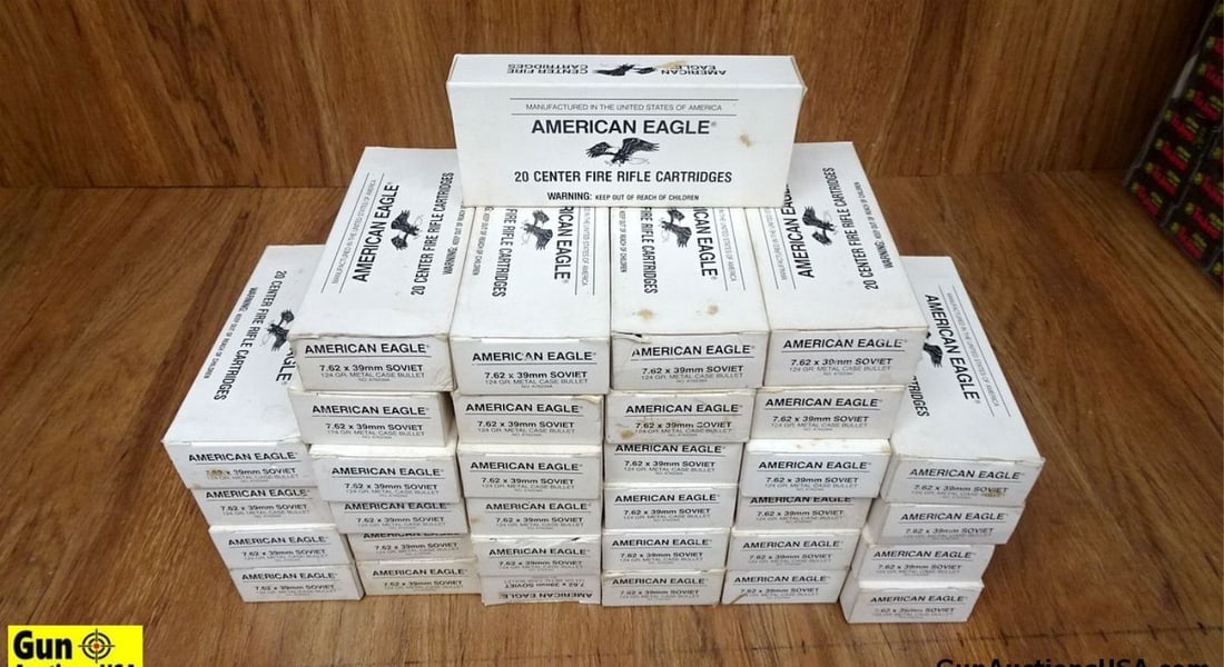 American Eagle 7.62x39MM Soviet AMMO. 660 Rds, 124 Gr, Metal Case. . (65647): American Eagle 7.62x39MM Soviet AMMO. 660 Rds, 124 Gr, Metal Case. . (65647)