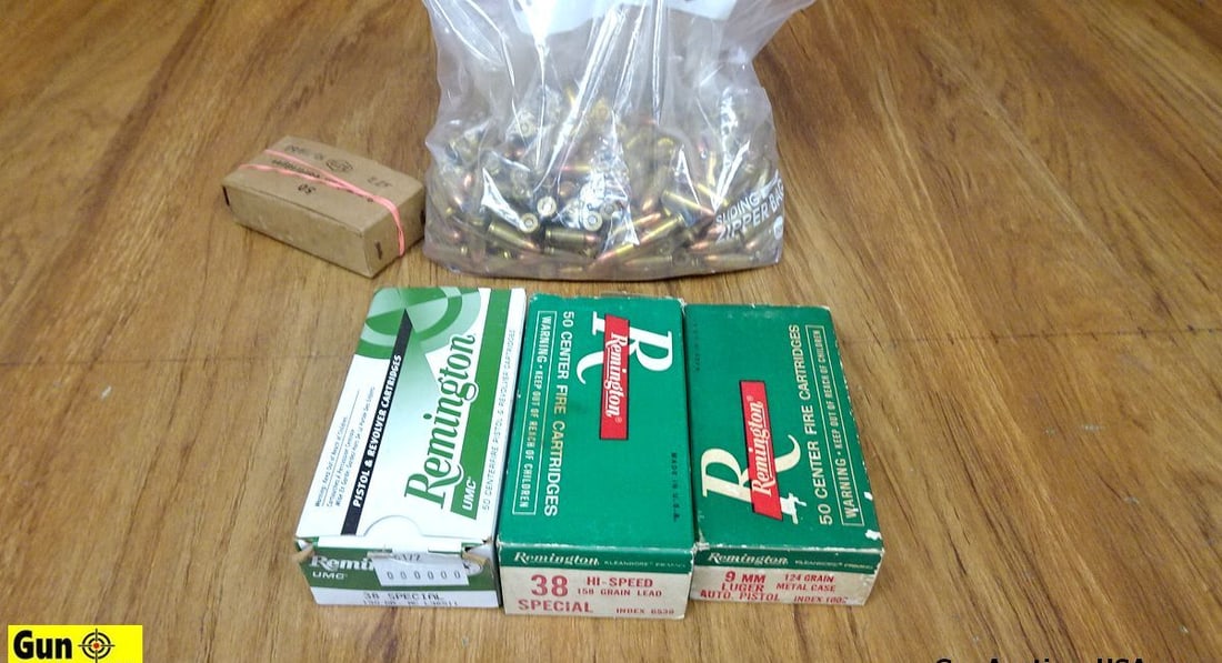Remington, Winchester, Etc. 9MM, .38 Special Ammo. Approx. 575 Rds in total ; Approx 475 9MM and 100: Remington, Winchester, Etc. 9MM, .38 Special Ammo. Approx. 575 Rds in total ; Approx 475 9MM and 100 Rds of .38 Special. (65552)