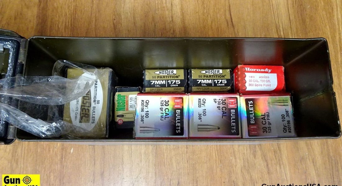 Hornady, Nosler, Etc. .30 Cal, 7MM Projectiles. Approx. 650 Rds of Projectiles. Includes Small Metal: Hornady, Nosler, Etc. .30 Cal, 7MM Projectiles. Approx. 650 Rds of Projectiles. Includes Small Metal Ammo Can. . (65515)