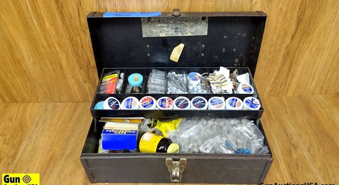 CCI, Hops, J.C. Penny, Etc. Muzzle Loading. Good Condition. Cap and Ball Range Box. Includes Various: CCI, Hops, J.C. Penny, Etc. Muzzle Loading. Good Condition. Cap and Ball Range Box. Includes Various Muzzle Loading Accessories. . (65504)