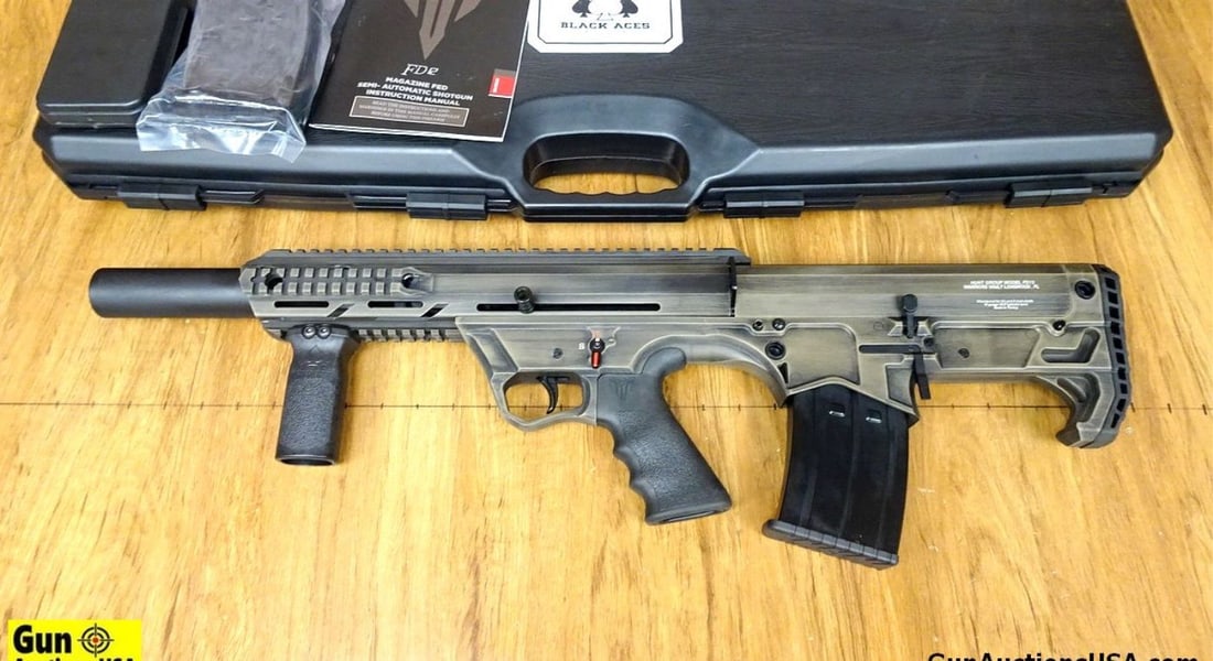 BLACK ACES FD12 PRO BULLPUP 12 ga. Semi Auto BULL PUP Shotgun. NEW in Box. 18.5" Barrel. Distressed: BLACK ACES FD12 PRO BULLPUP 12 ga. Semi Auto BULL PUP Shotgun. NEW in Box. 18.5" Barrel. Distressed FDE, Features Ambidextrous Thumb Safety, 12" Picatinny Rail, QD Release Points, Rubber Butt Stock, B