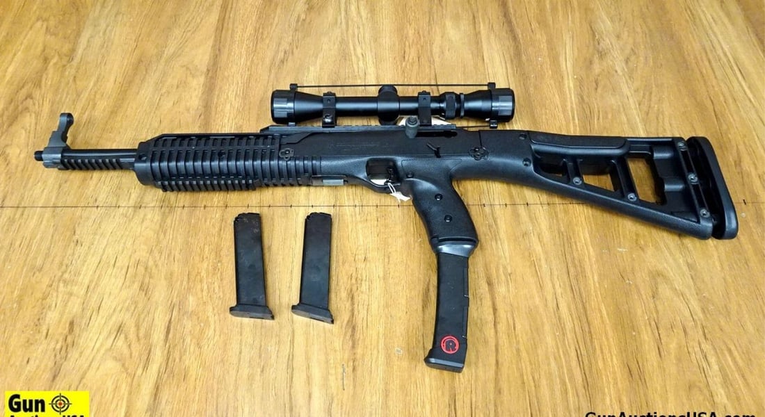 Hi-Point 995 9X19 Semi Auto Rifle. Very Good. 16.5" Barrel. Shiny Bore, Tight Action Features a: Hi-Point 995 9X19 Semi Auto Rifle. Very Good. 16.5" Barrel. Shiny Bore, Tight Action Features a Polymer Stock, All Black Finish with a Blade Front Sight, Picatinny Rail on Receiver, with a Optima 3-9x