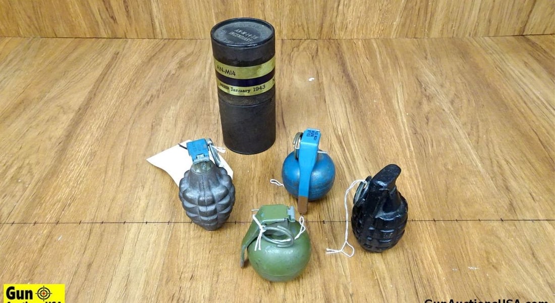 US Military COLLECTOR'S INERT Grenades. Good Condition . Lot of 5; #1- US M67, Green Hand Grenade,: US Military COLLECTOR'S INERT Grenades. Good Condition . Lot of 5; #1- US M67, Green Hand Grenade, INERT, #2- US M69 Blue, Practice Hand Grenade, INERT. #3- US MK2 Cast Iron Hand Grenade, INERT. #4- U