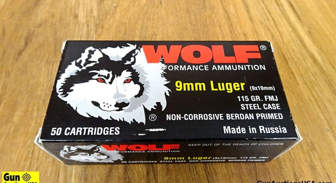 Wolf 9MM Ammo. 1000 Rds, 115 Gr, FMJ. Steel Case Non Corrosive. . (66251): Wolf 9MM Ammo. 1000 Rds, 115 Gr, FMJ. Steel Case Non Corrosive. . (66251)