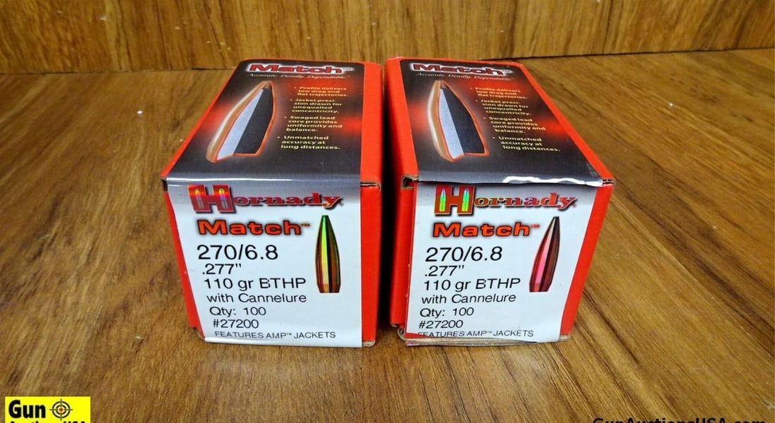 Hornady, Etc. .223, .270/6.8 Bullets. 2348 Bullets in Total; 1748- .223, 600-.270/6.8. Includes: Hornady, Etc. .223, .270/6.8 Bullets. 2348 Bullets in Total; 1748- .223, 600-.270/6.8. Includes Metal Ammo Can. 29 Lbs. . (66807)